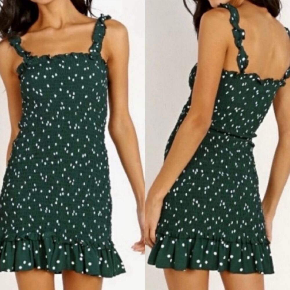 Faithfull The Brand Del Mar Dark Green Smocked Polka Dot Mini Dress M - Picture 3 of 12